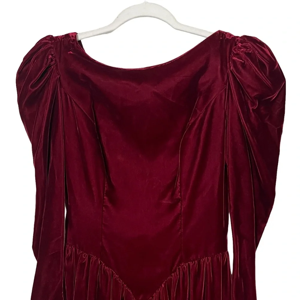 Vintage ILGWU 1980's Wine Velvet Bow V Back Party Dress Union Made Women's Sz 6 - Picture 5 of 16